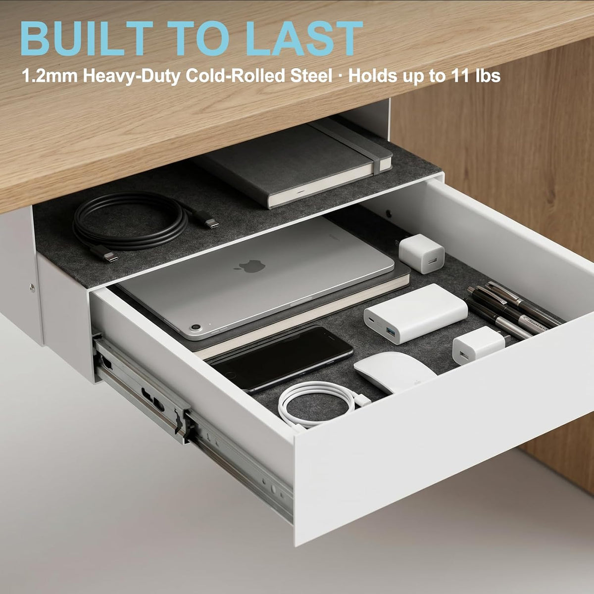 Under Desk Drawer with Lock, 13 Inch Slide-Out Metal Storage Drawer with Bracket, Drawer Organizer with Cable Management for Home Office & Standing Desk, White