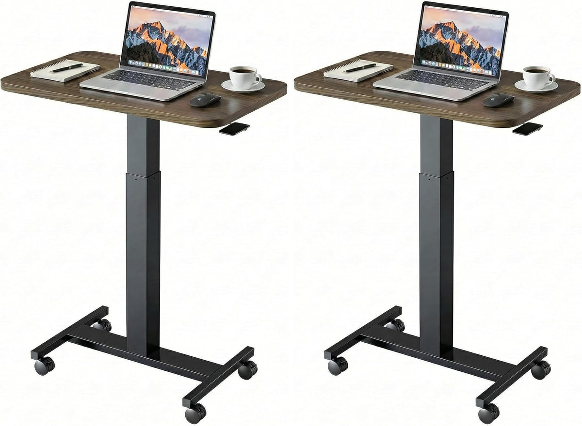 HUANUO Small Rolling Laptop Standing Desk, Height Adjustable Mobile T-Base Desk with Lockable Casters, Portable Sit-Stand Workstation for Bedside & Sofa, Walnut (Pack of 2)