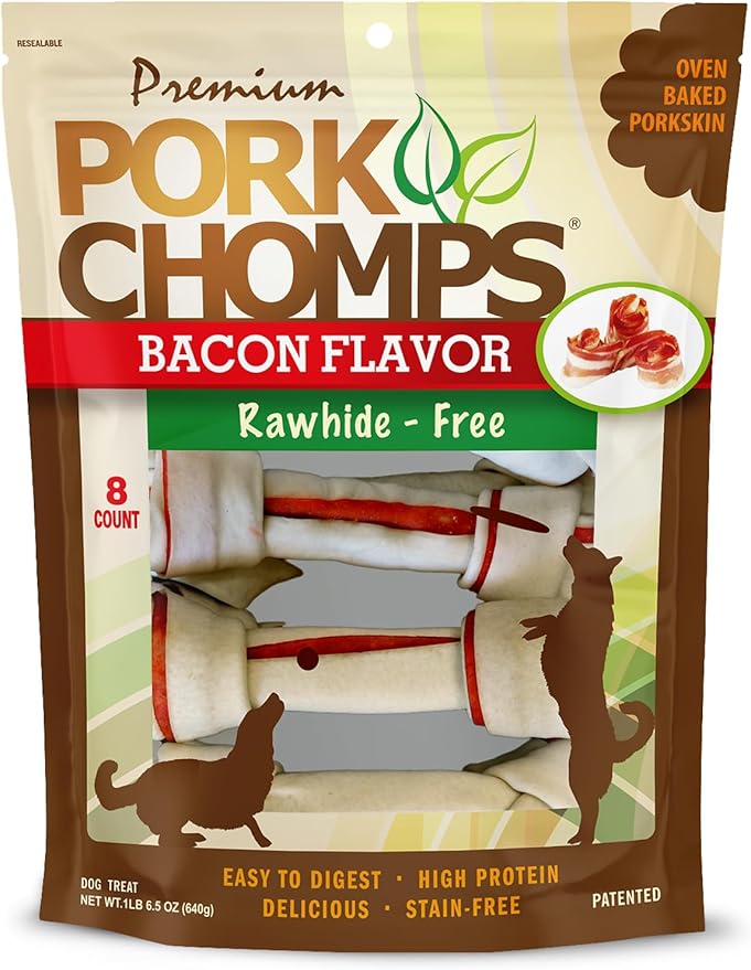 Pork Chomps Baked Pork Skin Dog Chews, 6 Inch Knots, 8 Count, 1 Pack, Bacon Flavor - Long-Lasting Treats for Dogs - High Protein, Rawhide-Free, Low Fat, Healthy & Delicious Chews