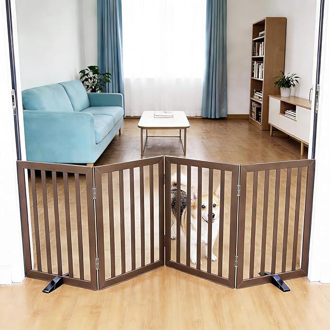 Dog Gate Indoor, Freestanding Dog Fence for The House, Doorways, Hallways,or Stairs,Pet Gate Foldable Wooden,Expandable 24" Height 4 Panels,Brown