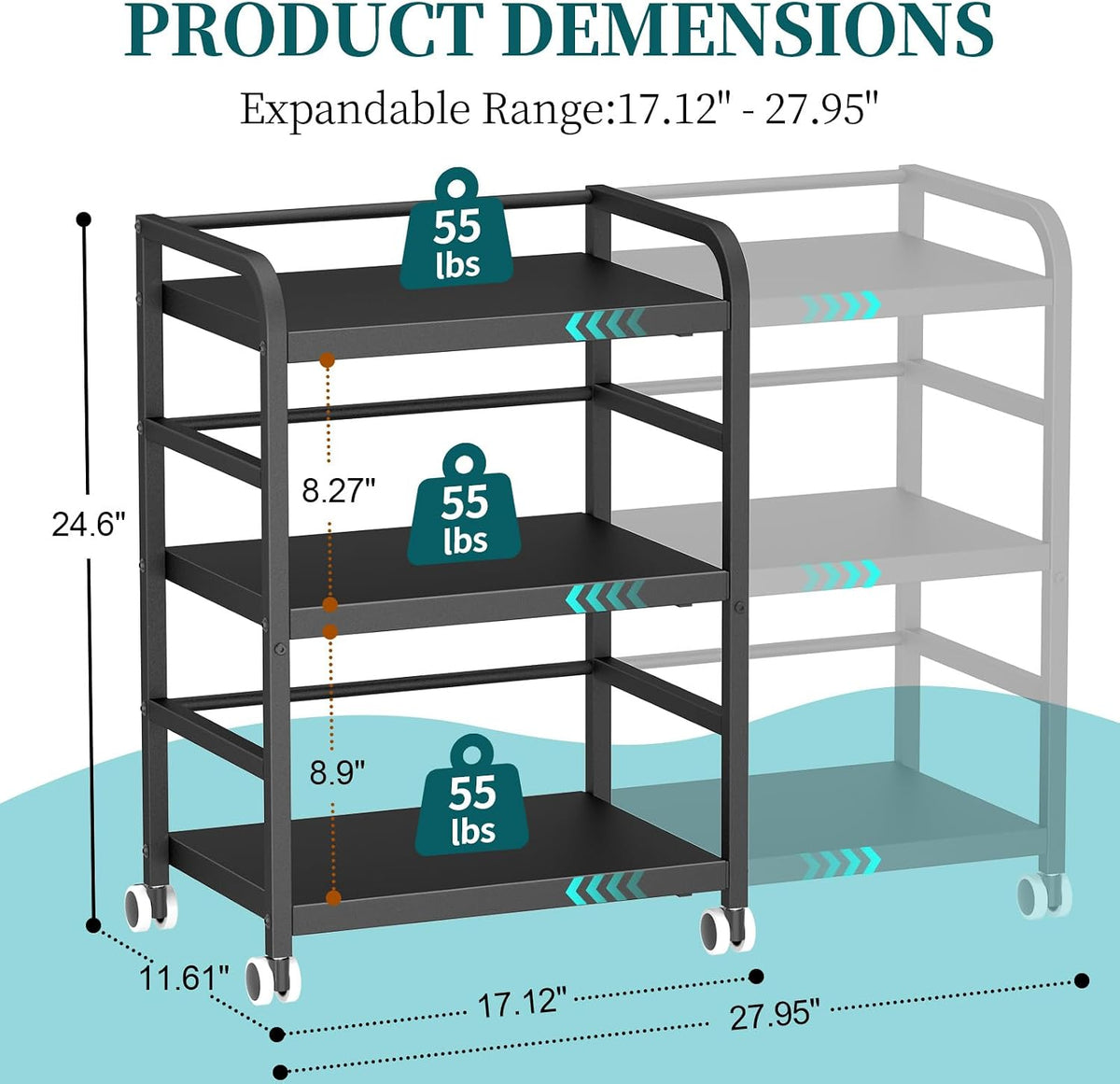 DAOUTIME 3-Tier Expandable Rolling Cart, Pantry Storage Cart with Wheels, Adjustable Rolling Pantry Floor Organizer, Metal Under Desk Cart, Can Storage & Snack Organizer for Kitchen Pantry, Black