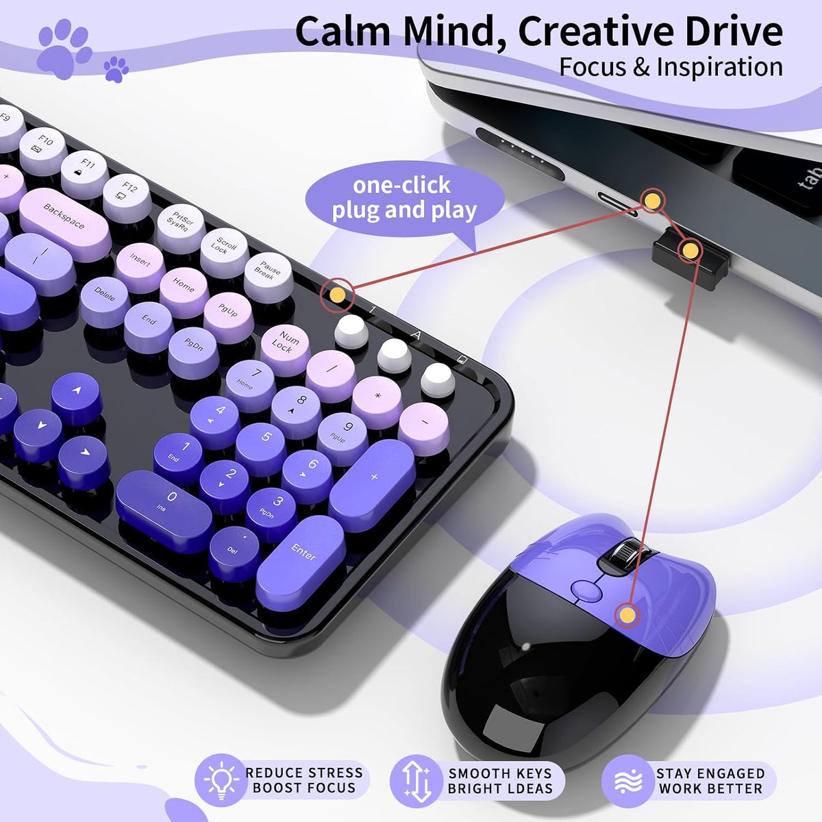 Wireless Keyboard and Mouse, 104 Round Keycaps Retro Typewriter Purple