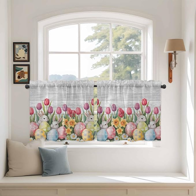Easter Kitchen Tier Curtains 36 Inch Long 2 Panel Set, Rod Pocket Half Window