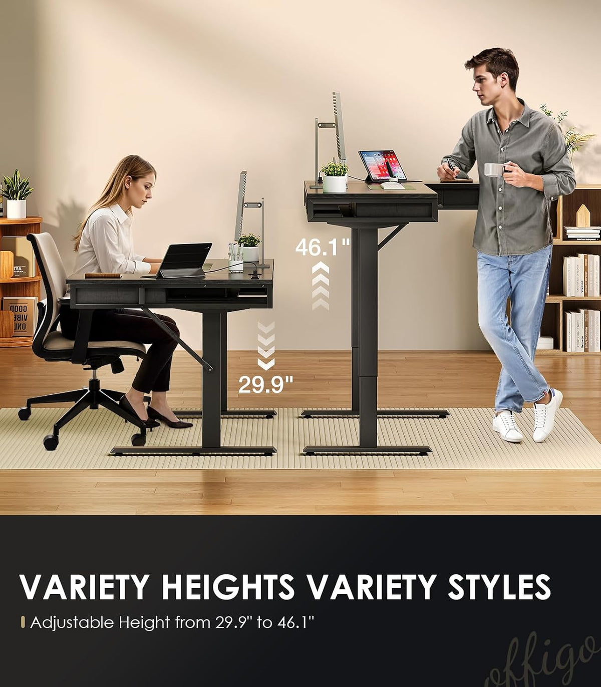 OffiGo 55 Inch L Shaped Electric Standing Desk with 4 Drawers, Black