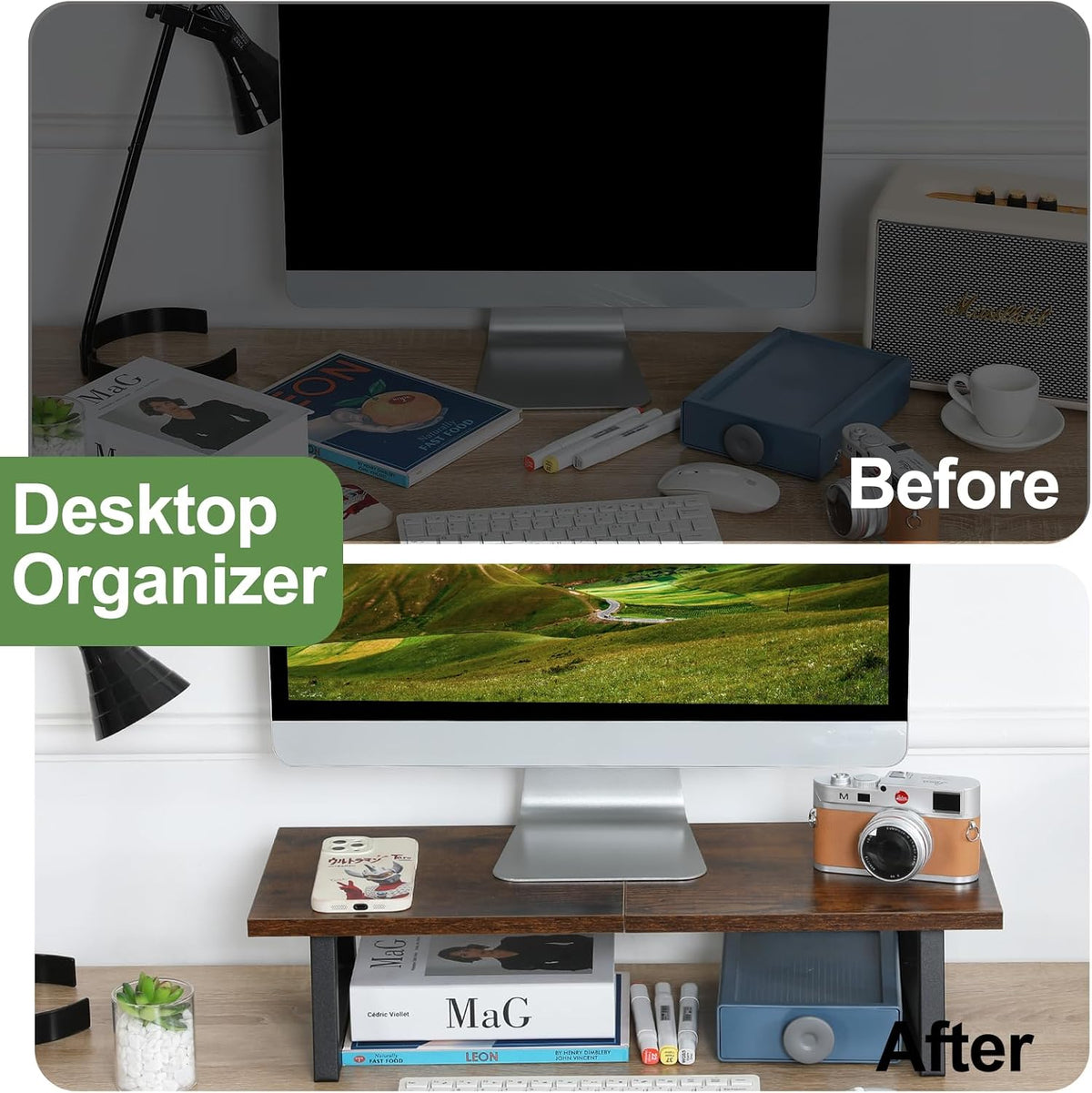 TEAMIX 24 inch Monitor Riser for Desk, Wood & Steel Computer/TV Stand Brown