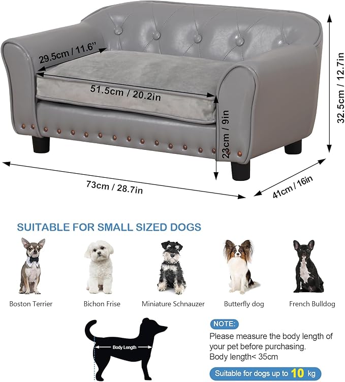 Dog Couch,Puppy Bed,Cat Sofa,Cat Couch,Pet Sofa,Dog Chair,Small Pet Bed,with Copper Nail and Wooden Frame, Leather Fabric and Cushion,for Small Animals Using (Grey)