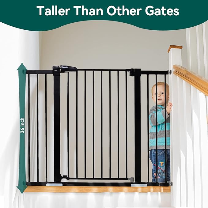 BABELIO 36" Tall Baby Gate PressGuard P7, 29-48" Auto-Close & Pressure Mounted, Black Steel Dog Gate for Stairs & Doorways
