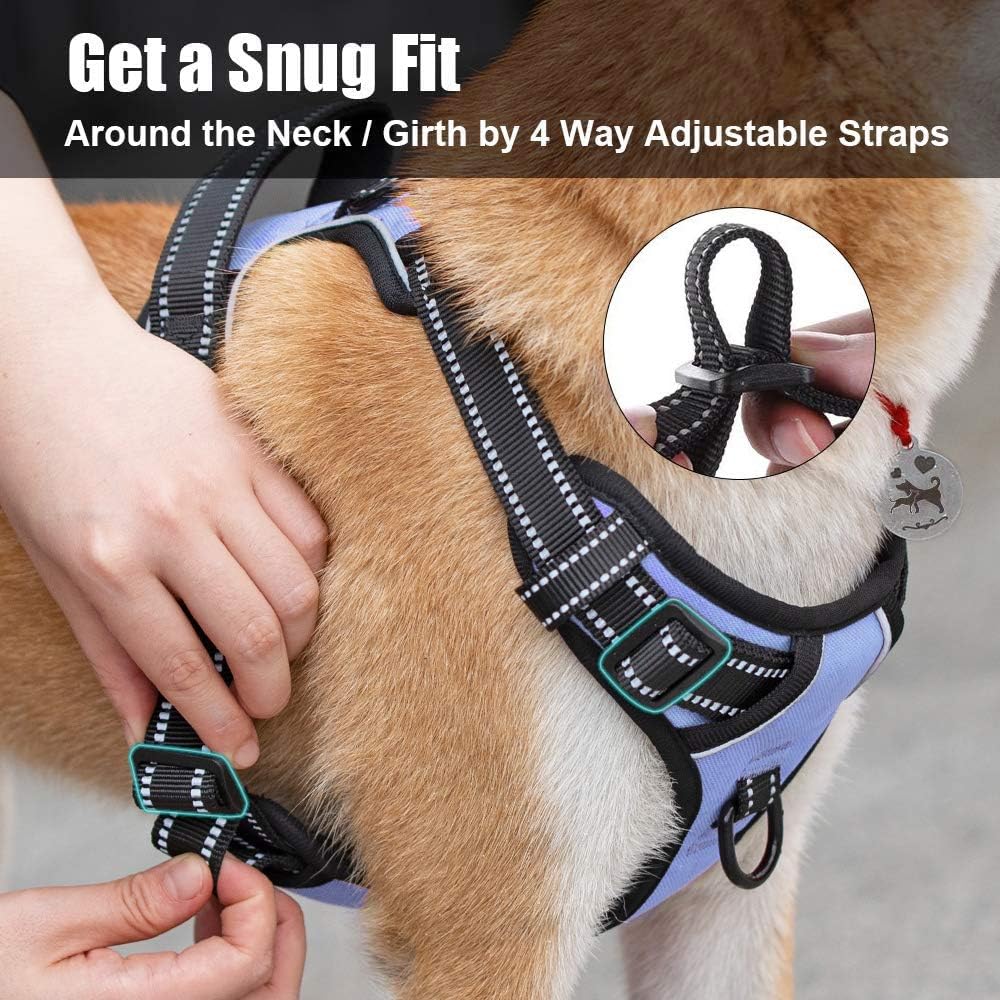 PoyPet No Pull Dog Harness, Reflective Comfortable Vest Harness with Front & Back 2 Leash Attachments and Easy Control Handle Adjustable Soft Padded Pet Vest for Small to Large Dogs (Light Blue,M)