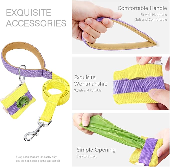 No Pull Dog Harness and Leash Set, Dog Collar, Step in Dog Halter Harness with Poop Bag Holder, Adjustable Lightweight Cotton Straps Suitable for Small Medium Large Dogs Outdoor Walking Running Hiking