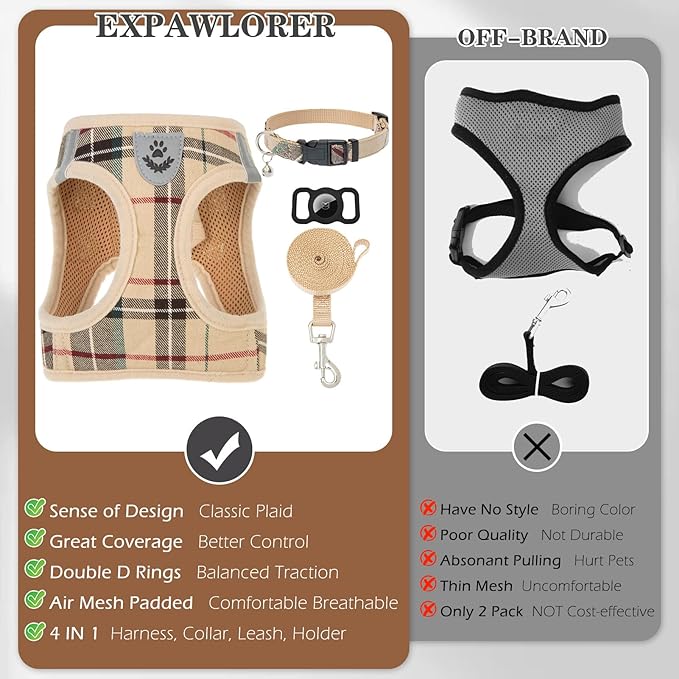 EXPAWLORER Plaid Small Dog Harness and Leash Set with AirTag Holder - No Pull Soft Padded Step in Dog Vest Harness Medium Sized Dog, Reflective Puppy Harness, Collar and Leash for Walking, Khaki S