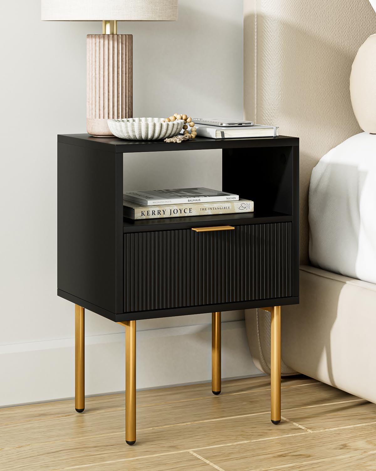 Nightstand,Morden Bedside Table with Gold Frame,Small Black Night Stand,End Table,Bedside Furniture,Side Table with Drawer and Shelf for Bedroom,Living Room (1Drawer, Black)