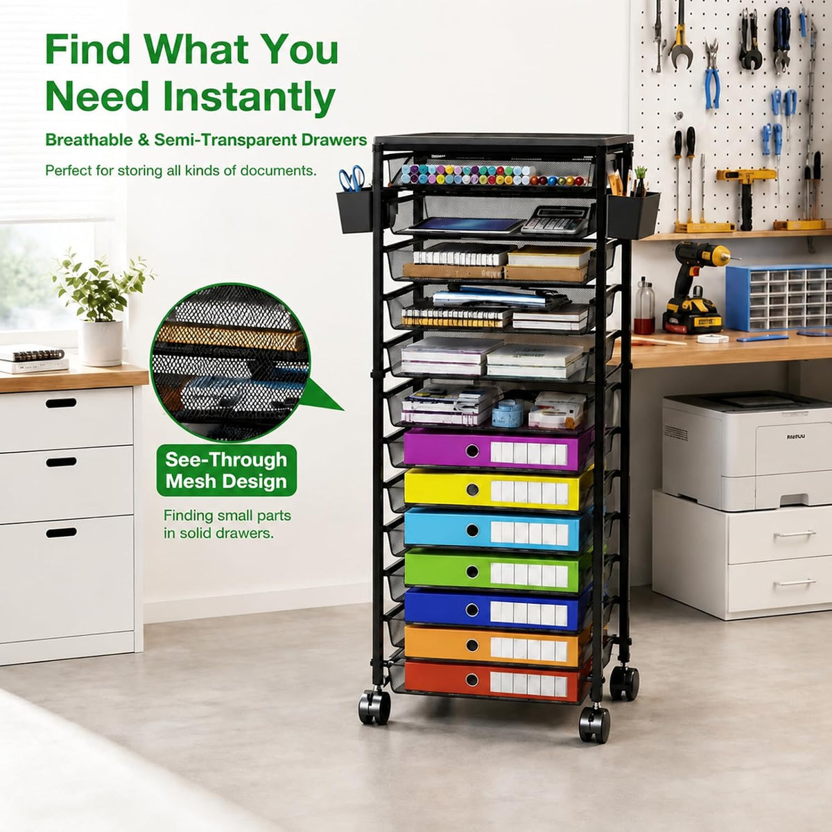 Ekisemio 11-Tier Rolling File Cart, Mobile Desk-Side Organizer with Top Shelf and Side Baskets, Wire Storage Rack for Letter Folders, Home Office & School, Black