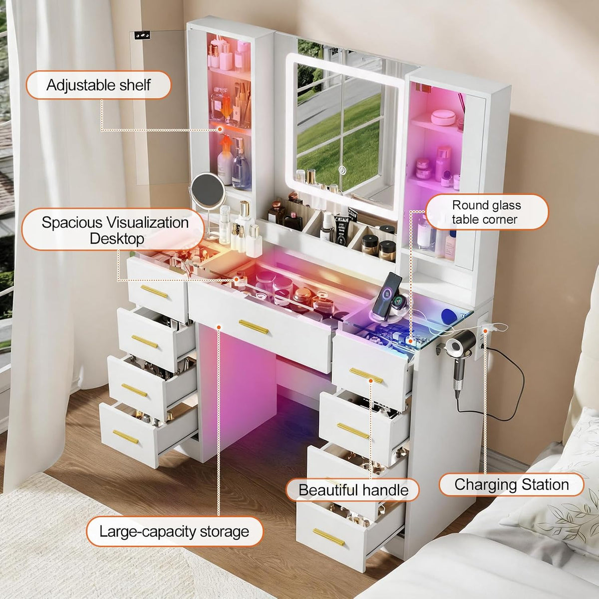 Vanity Desk with Mirror and Lights, 43" Large Makeup Vanity with Glass Top