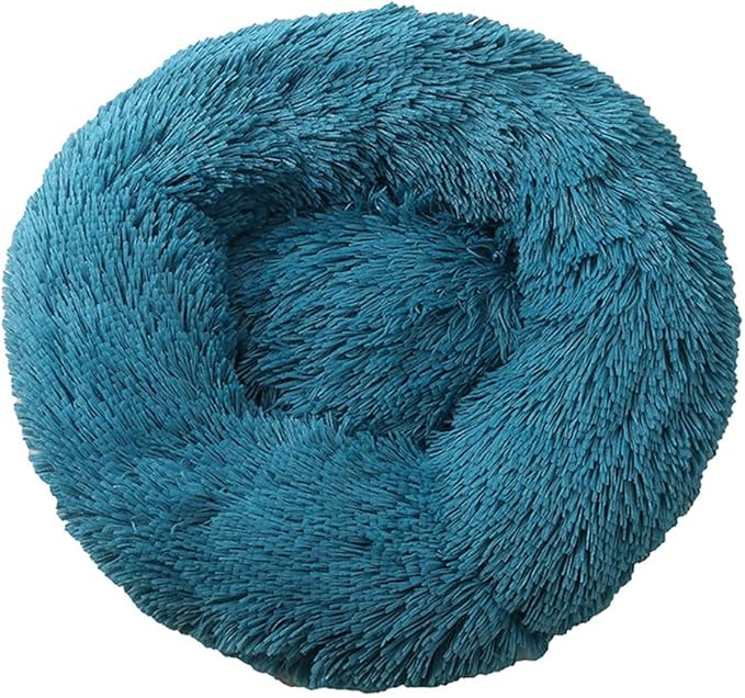 Calming Faux Fur Dog Beds Calming Donut Cuddler Dog Bed Washable Round Cat Bed Pillow Cuddler Fluffy Indoor Dog Calming Beds with Anti Slip Bottom Solid Color Cyan 20 Inch