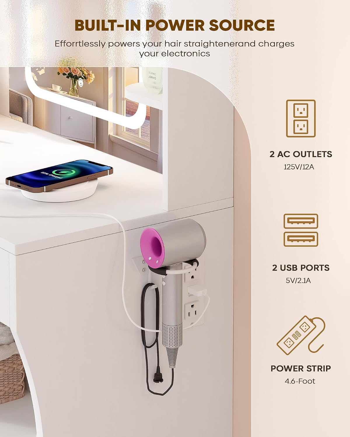 LIVELYGLOW 29.5" White Small Makeup Vanity Desk with Power Outlet & Mirror