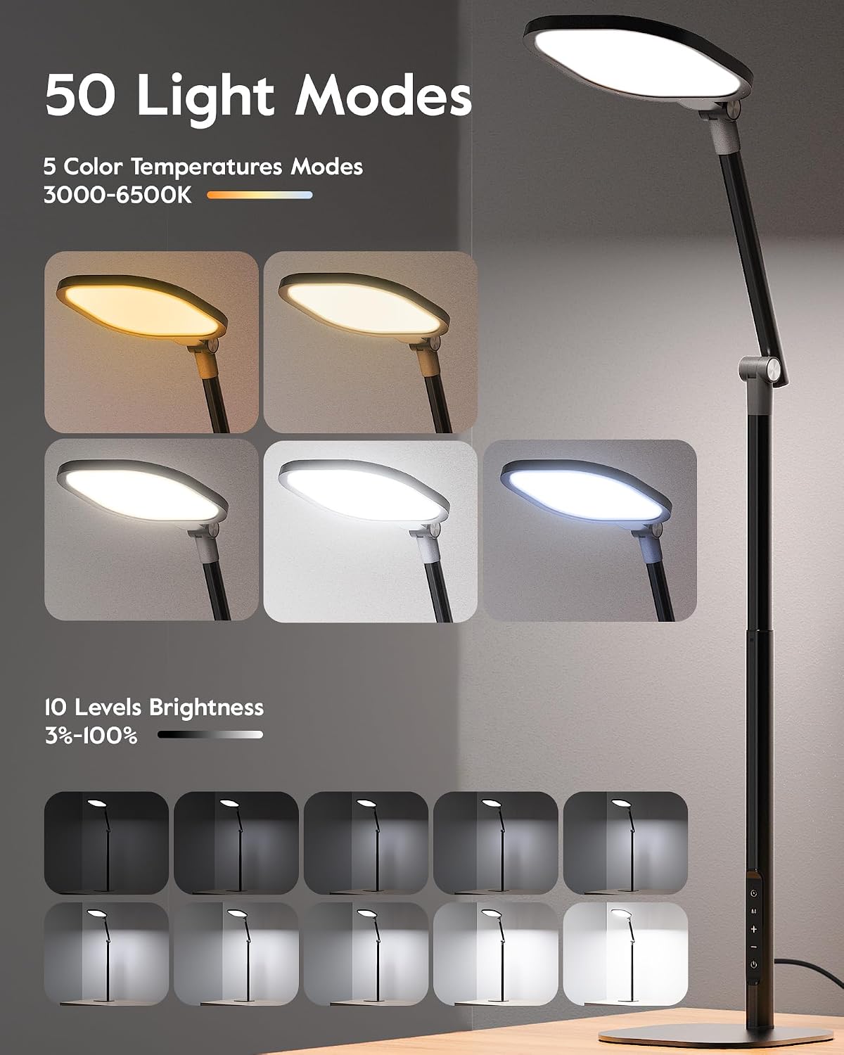 LitONES Tall LED Desk Lamps Home Office, Edge-Lit Eye-Care, 50 Light Modes