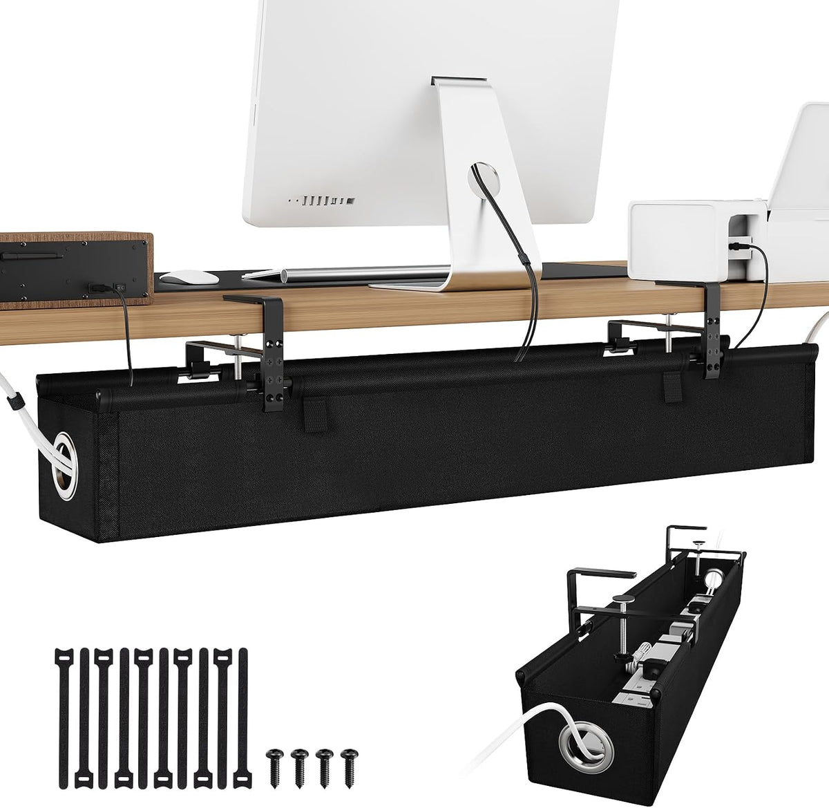 KEEGH Under Desk Cable Management Tray 36", No Drill Cord Organizer, Black