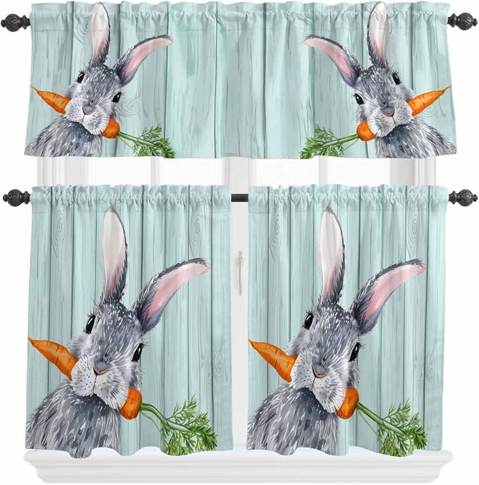 Easter Kitchen Curtain Set, Spring Rabbit Botanical Carrots Green Wooden Grain