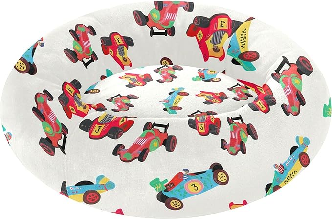 Dog Bed Race Cars Sleeping Pet Bed with Anti-Slip Bottom for Small Medium Dogs and Cats, Round Calming Sleeping Washable Puppy Beds 16 in