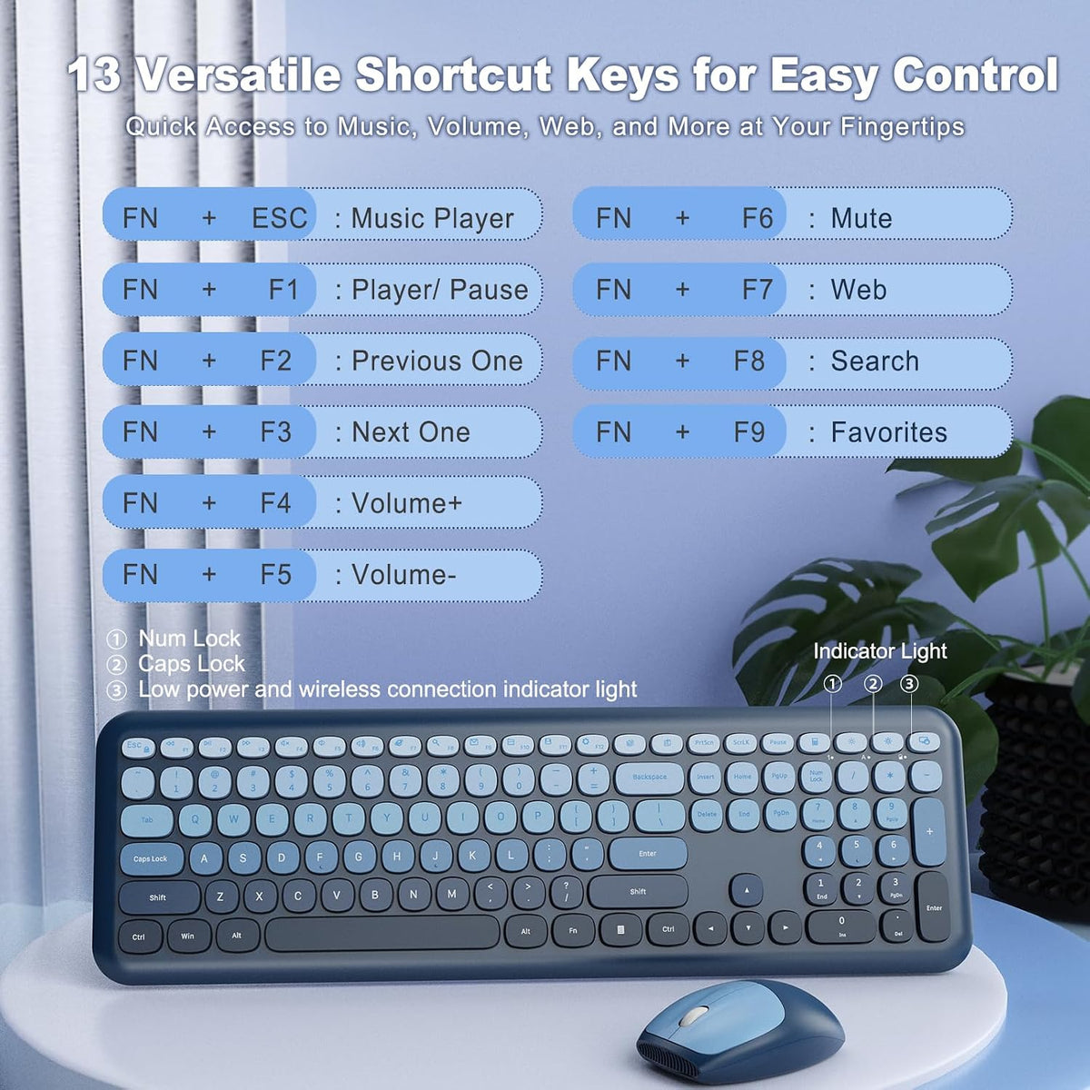 HotFox Blue Wireless Keyboard and Mouse Combo, Retro Typewriter Keyboard