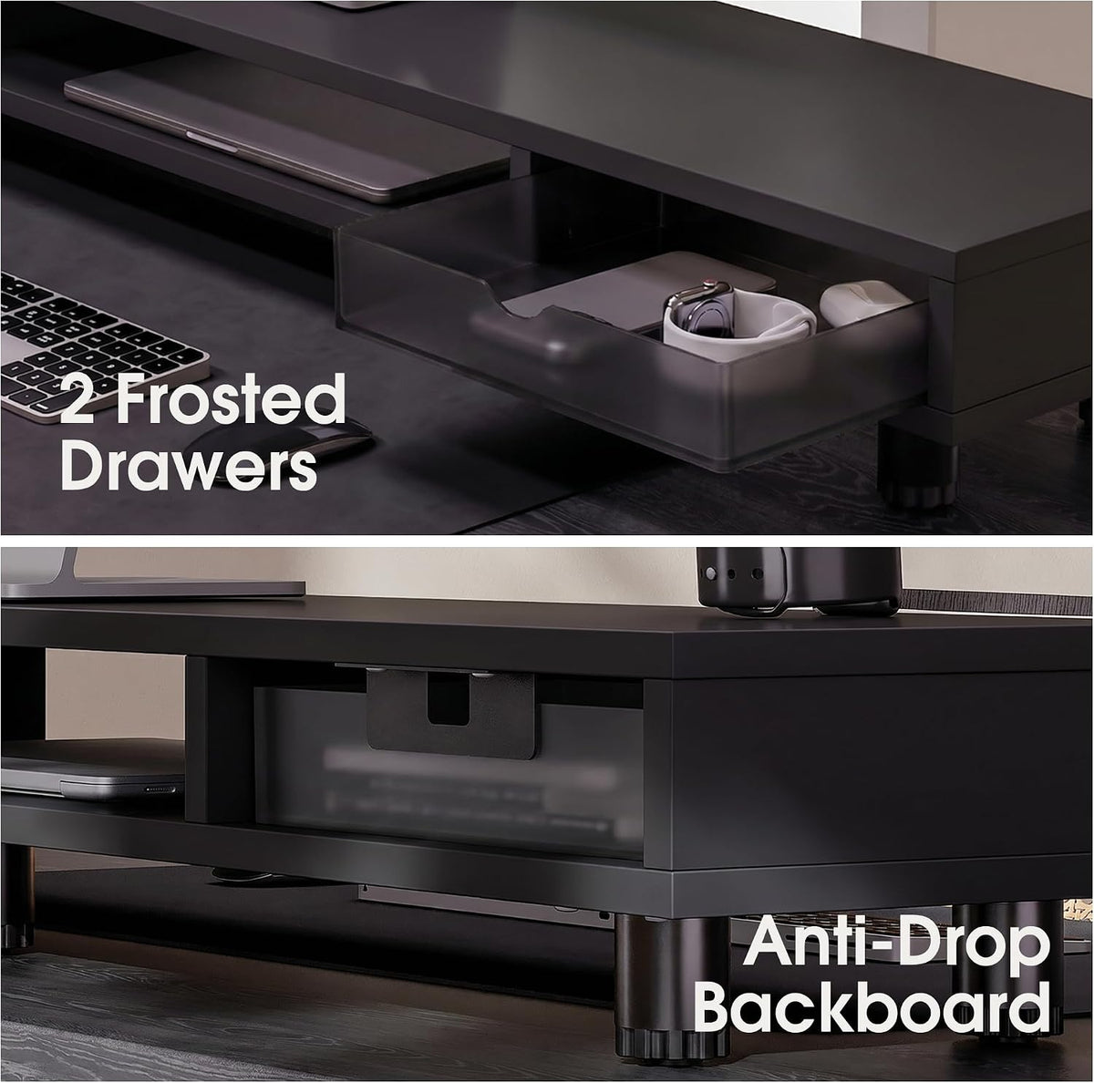 Fenge Dual Monitor Riser with 2 Drawers, 42.5in Long Desk Shelf, Black