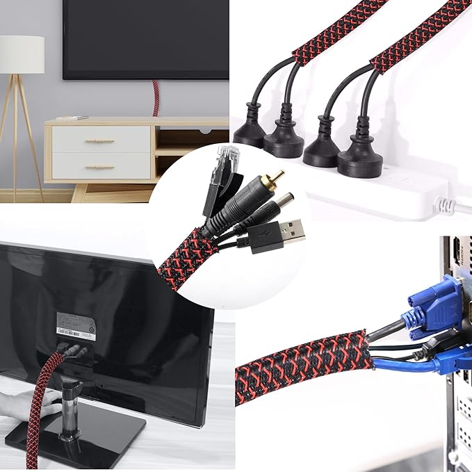 CrocSee 25ft - 1/2 inch Braided Cable Management Sleeve Cord Protector - Self-Wrapping Split Wire Loom for TV/Computer/Home Theater/Engine Bay - Black/Red
