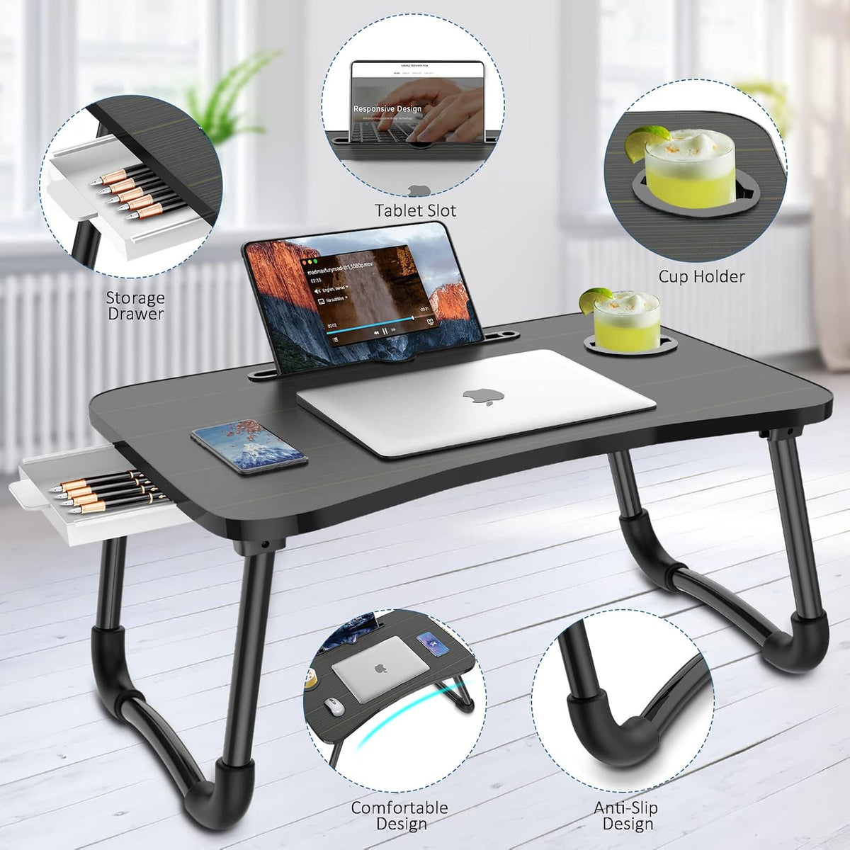 Zapuno Foldable Laptop Bed Table, Laptop Desk, Breakfast Tray, Arc Shape