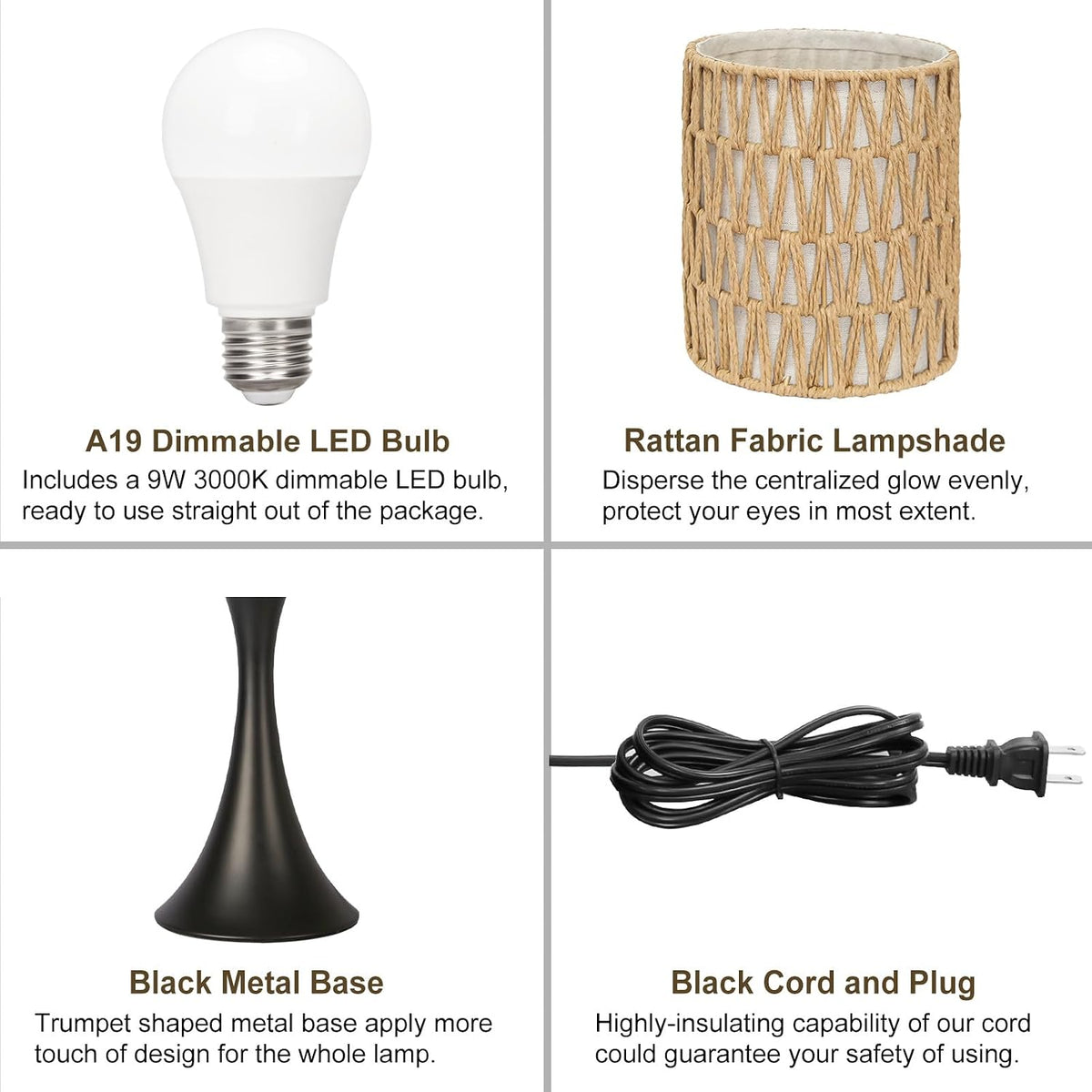 Rattan Table Lamp, 3 Way Touch Control Bedside Lamp with Dual-Layer Shade