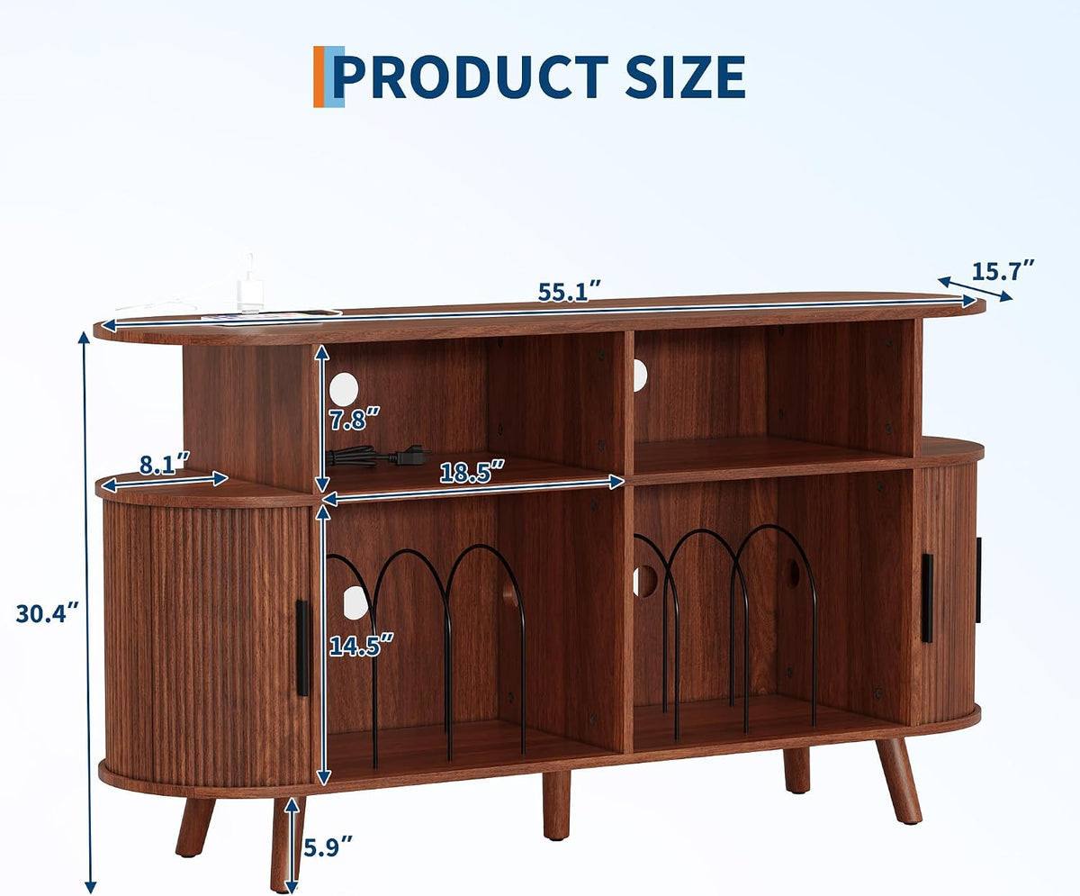 Garvee 55'' Fluted Mid Century Modern Turntable Cabinet with Vinyl Storage, Large Round Record Player Stand with Charging Station and Display Shelf, Arched Wood Record Player Table for Living Room