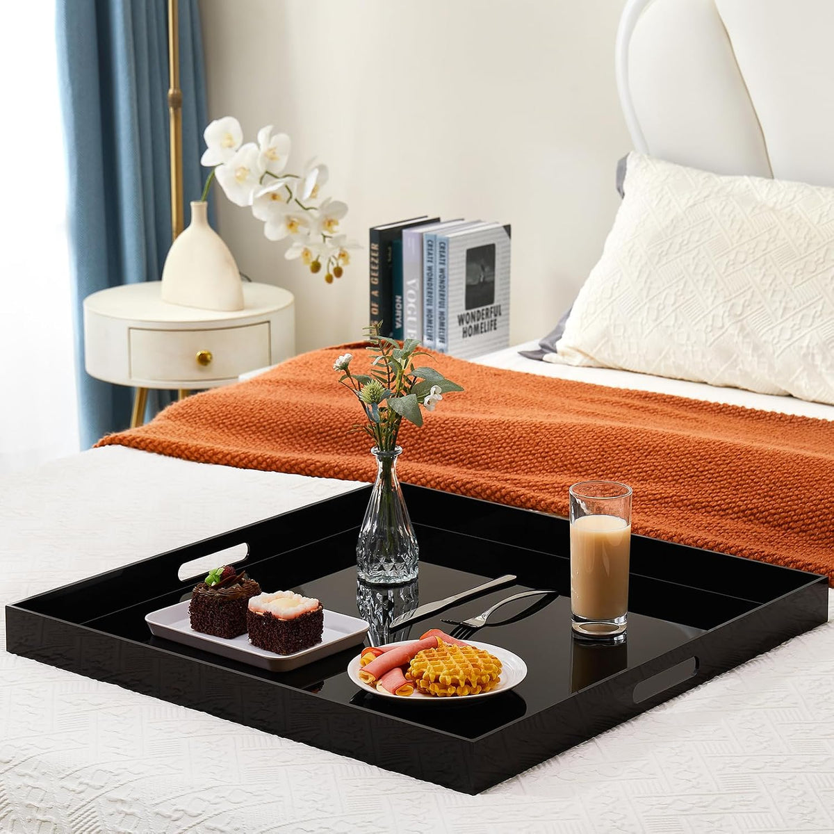 16×16 inches Black Acrylic Serving Tray with Cutout Handles, Sturdy Large Acrylic Tray for Ottoman, Coffee Table, Kitchen and Desk Organizer, Storage Tray (16"x16")