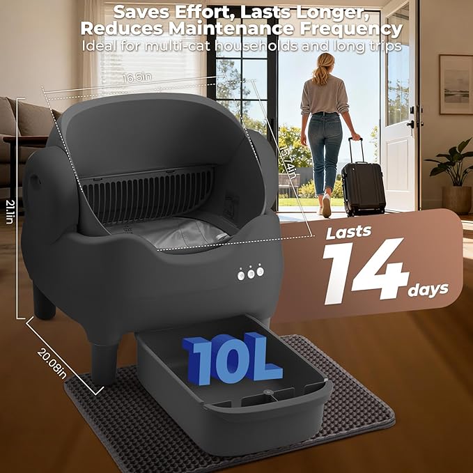 Automatic Cat Litter Box: Self Cleaning Litter Box for Multiple Cats, 10L Waste Drawer with Ultra Quiet Operation, Open Top Design for Multi-Cat Households, Grey
