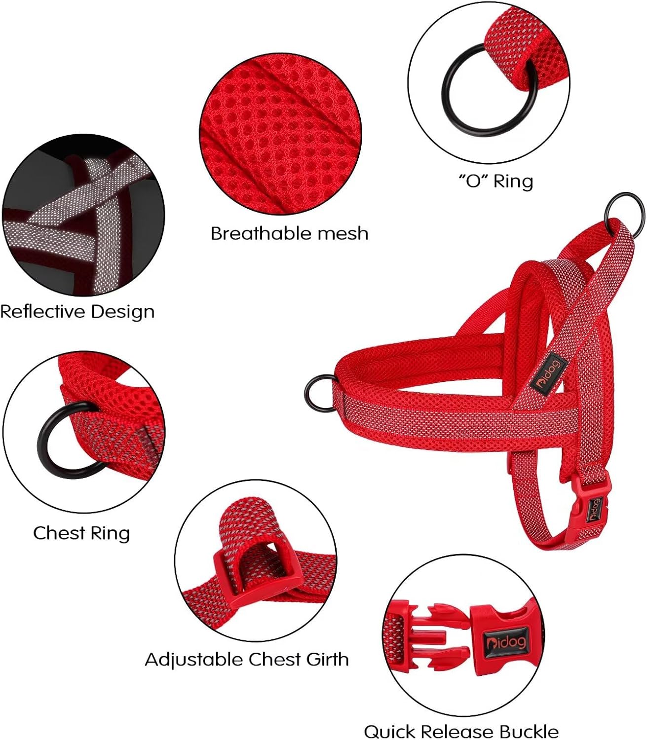 Didog No Pull Dog Harness with Breathable Mesh Padded, Full Reflective & Quick Fit Adjustable Vest Harness, Easy for Training Walking for Small & Medium and Large Dogs (Red, S:Chest 18-22")