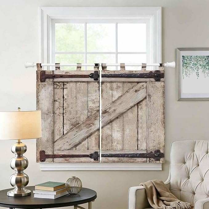 Farmhouse Wood Grain Bedroom Curtains 63 Inch Length, Window Curtains Tab Top