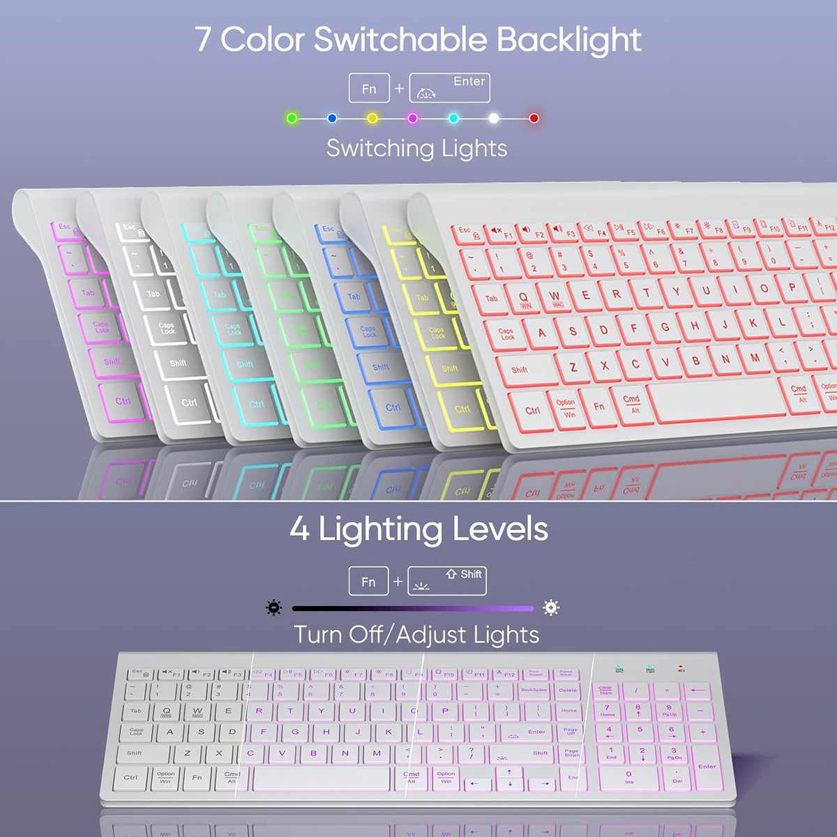 SABLUTE Wireless Keyboard with 7-Color Backlight, Quiet Low-Profile Keys