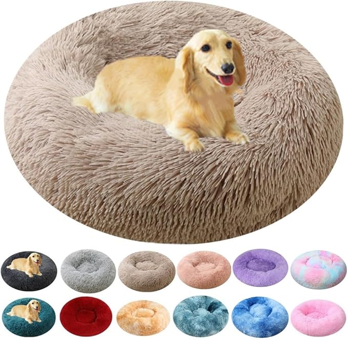 Calming Dog & Cat Bed, 24 Inch Anti-Anxiety Donut Cuddler Cat Bed with Anti-Slip Bottom, Washable Round Fluffy Pet Bed for Small Medium Dogs and Cats (Khaki)