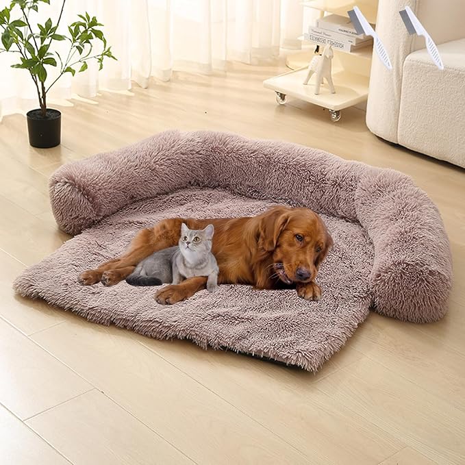 Dream Cloud Pet Sofa Bed for Dogs Cats, 2026 Washable Removable Calming Fluffy Plush Mat for Furniture Protector, Long Fur Non-Slip, for Small/Medium/Large Home Pets (Khaki, M: 33.5 * 28.3IN)