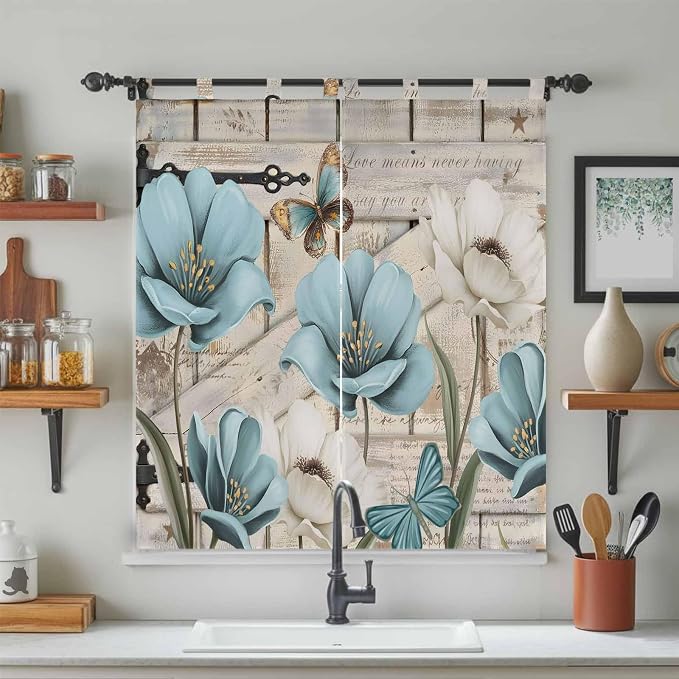 Teal Blue Tulips Living Room Curtains 84 Inch Length, Window Curtains Tab Top