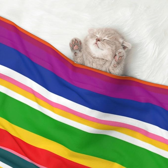 Reversible Plush Throw for Dogs and Cats, Novel Colorful Mexican Blanket Stripes, Double Sided Blanket with Nubby Dot Side and Sleek Side Ideal for Cuddling Nesting Security