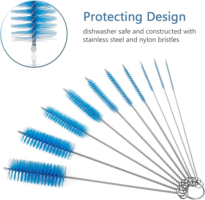 CiaraQ Bottle Cleaning Brushes, 8 Inch Nylon Tube Brush Set, Cleaner for Narrow Neck Bottles Cups with Hook, Set of 10pcs.