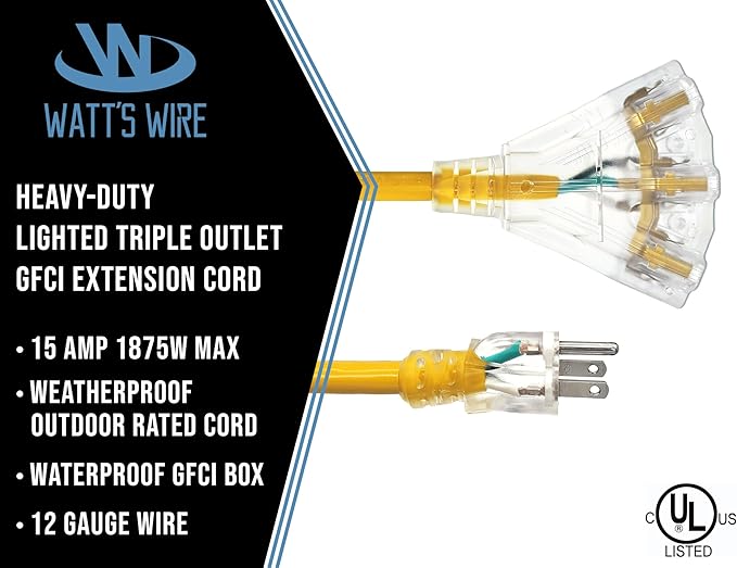 100 ft GFCI Extension Cord - Outdoor Extension Cord Waterproof - Heavy Duty Outdoor Extension Cords 100 ft with Multiple Outlets - Watts Wire - 100' Grounded - GFI Cord - extensiones electricas