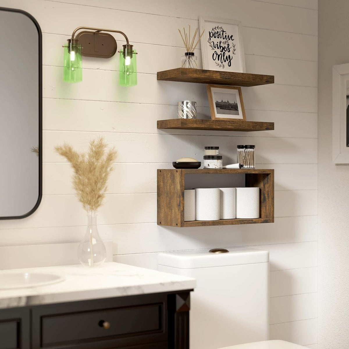 RICHER HOUSE 3-Set Brown Floating Wall Shelves, Bathroom Shelf Over Toilet