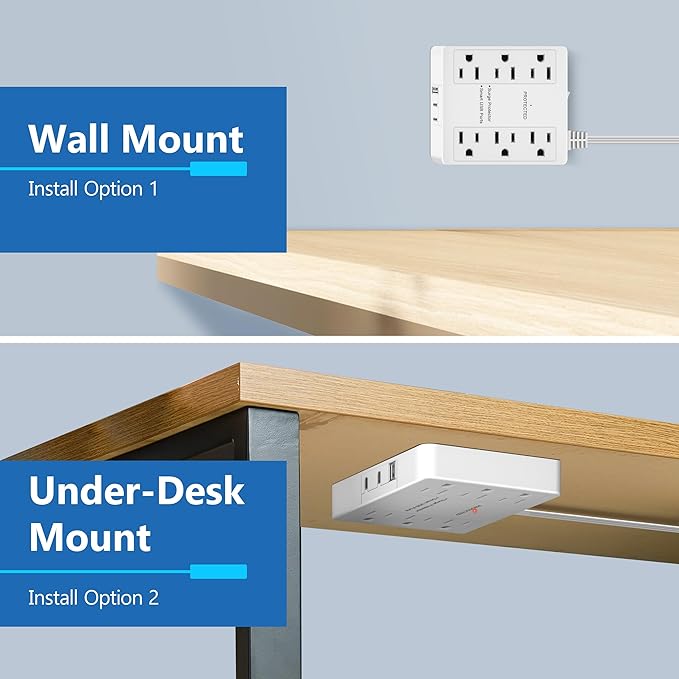 LIDER Outlet Extender with 6 Receptacles, USB-A and 2 USB-C, Ultra-Thin Flat-Plug, 6-Outlet Power Strip, Slim Angled Design, Surge Protector, 1500 Joules, 5ft Cord, UL-Listed, White, 2 Pack