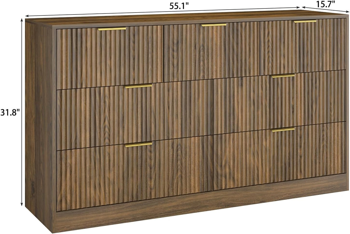 7 Drawer Fluted Dresser with Deep Drawers for Bedroom, Walnut丨55 Wide Mid Century Dresser, Modern Chest of Drawers, Wood TV Stand Storage Organizer for Closet, Living Room, Hallway