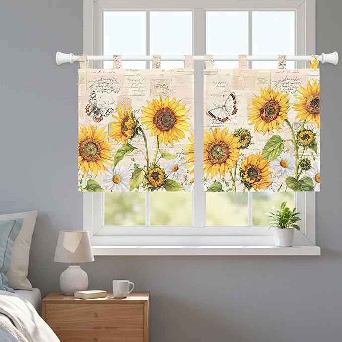 Yellow Sunflowers Kitchen Curtains 36 Inch Length, Small Window Curtains Tab Top