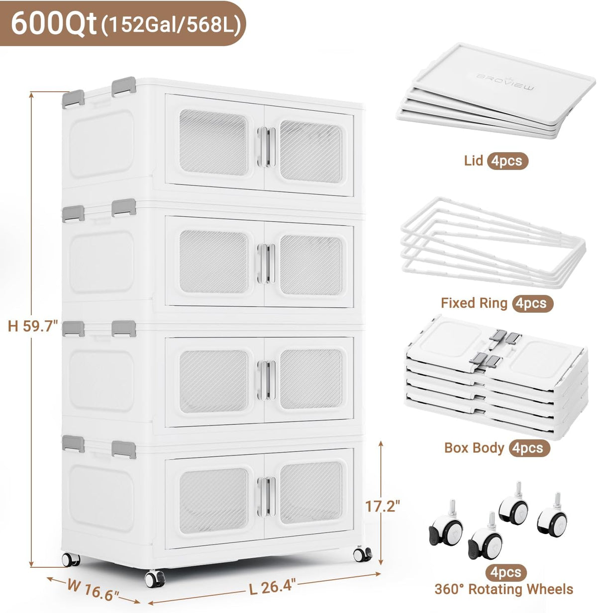 BROVIEW 600qt Extra Large Stackable Storage Bins with Lids White 4 Pack