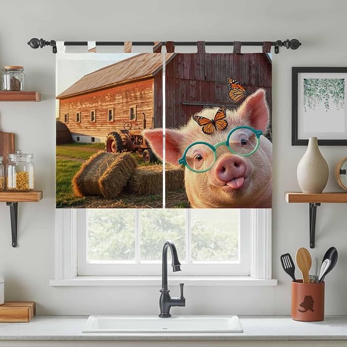 Farm Pig Kitchen Curtains 45 Inch Length, Short Cafe Window Curtains Tab Top