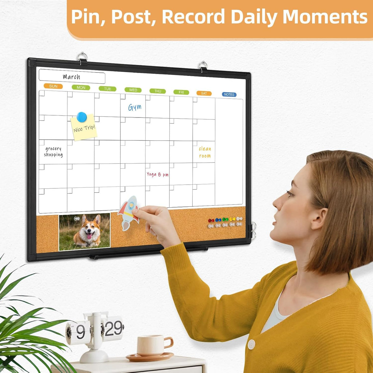 Calendar Whiteboard for Wall, 24" x 18" Dry Erase Month White Board Black