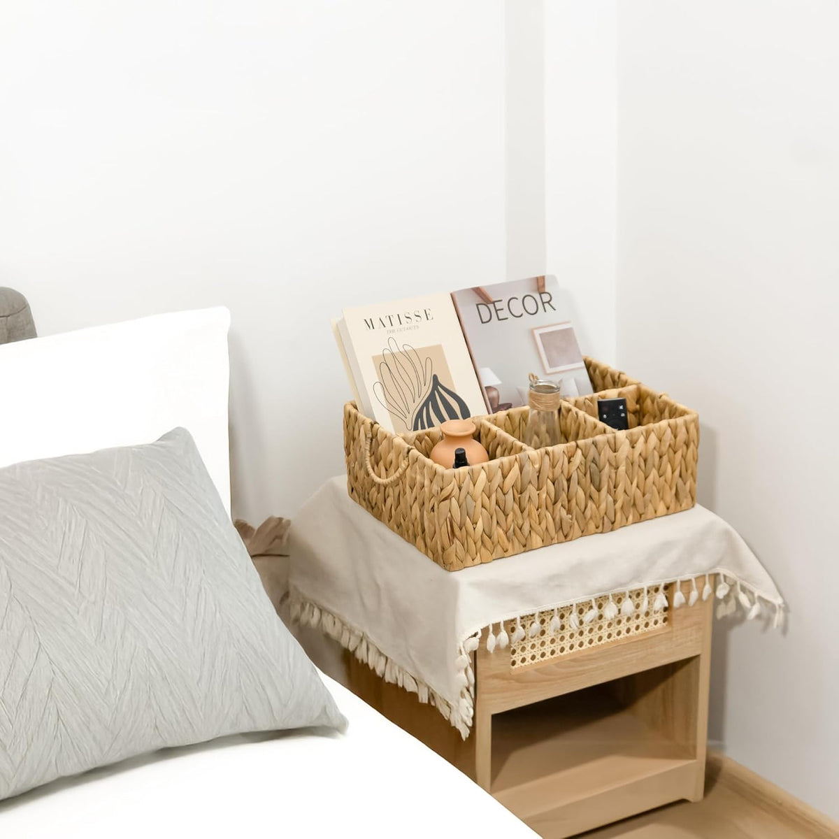 KOKODO Divided Storage Basket Woven Natural Basket Hyacinth for Organizing Bathroom Pantry Shelves Office Supplies Organization Everyday Wicker Storage Baskets 4 Section Rectangular Tray