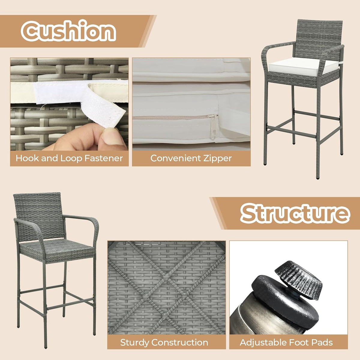 COSTWAY Patio Wicker Bar Stools Set of 2 with Cushions, Armrests, Footrests