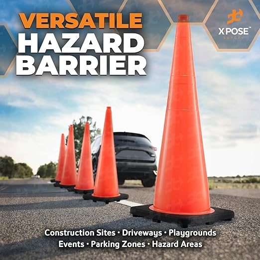 Xpose Safety 36 Inch Orange Traffic Cones Heavy Duty 12lb, 1-Pack - Multipurpose PVC Plastic Safety Cone for Parking, Soccer, Caution, Kids and Construction - DOT Approved